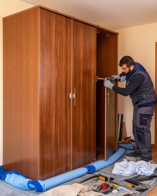 Técnico desmontando un armario de tres cuerpos con protecciones en una vivienda