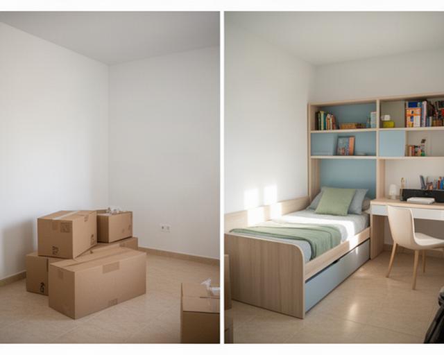 Dormitorio juvenil en una vivienda de Ciudad Real, con cajas antes del montaje y cama nido con escritorio después