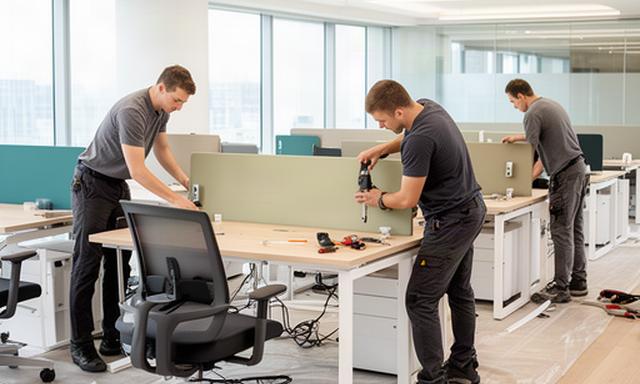 Equipo de montaje instalando mesas y sillas en una oficina moderna