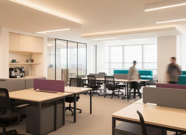 Coworking moderno con mesas modulares, sillas ergonómicas y zonas de trabajo terminadas