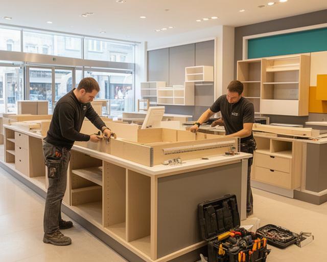 Profesionales montando un expositor de muebles en una tienda luminosa de Ciudad Real