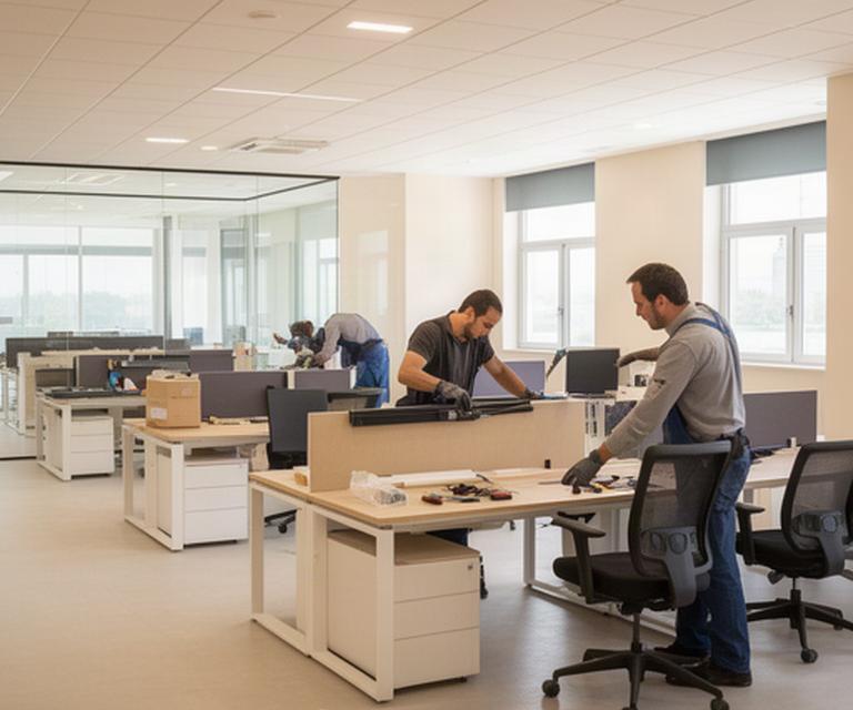 Equipo montando puestos de trabajo en una oficina luminosa de Ciudad Real