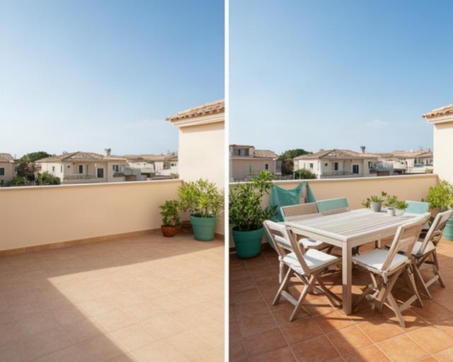 Terraza de vivienda con suelo exterior, vacía antes del montaje y equipada con comedor de jardín después
