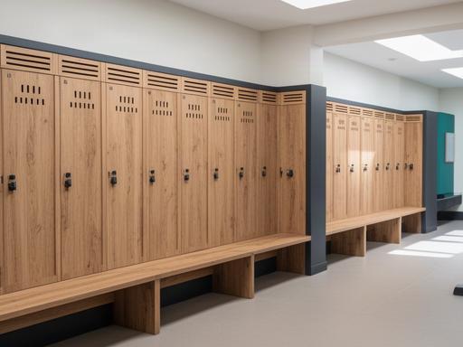 Taquillas y bancos de madera montados en vestuario de gimnasio boutique