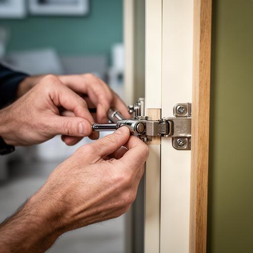 Profesional revisando los herrajes de un mueble en una vivienda de alquiler