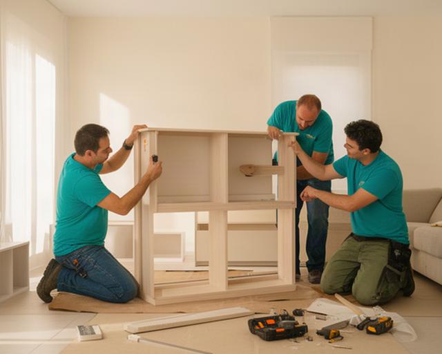 Equipo de montadores de muebles trabajando en un salón luminoso de Ciudad Real